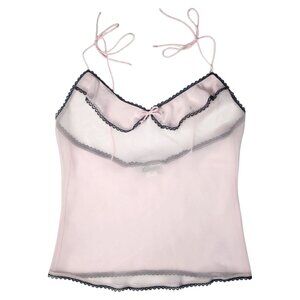 Vintage Pink Sheer Cami Top Lace Bow Coquette Y2K Kawaii Ballet Cottage Medium